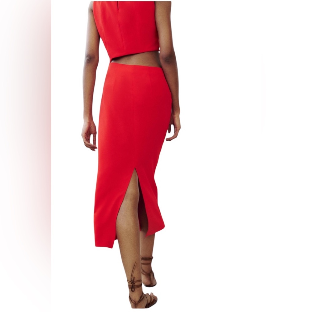 Zara Red Cut Out Midi Dress Medium Ring Detail Sleeveless Wedding Guest Cocktail - Picture 8 of 8
